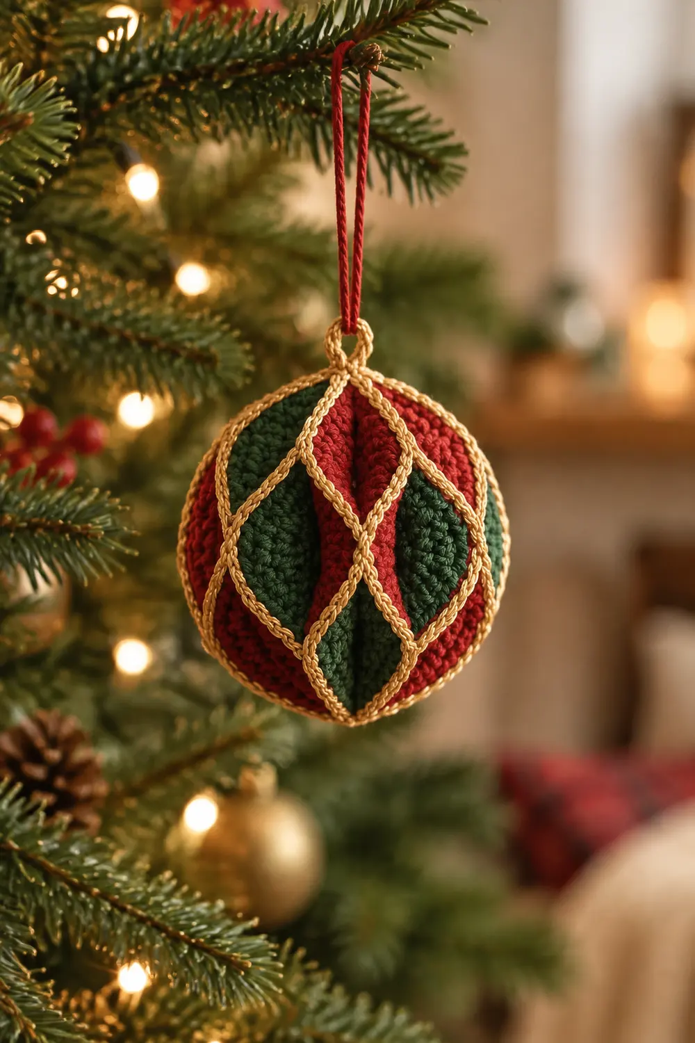 A red and green crocheted ornament with gold rope detailing hangs from a Christmas tree branch with warm lights.