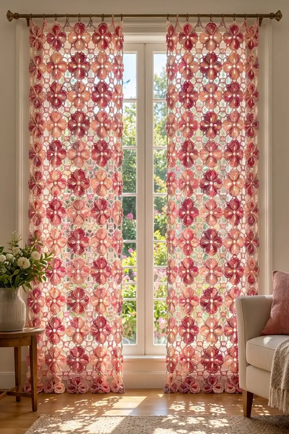 Floral lace curtains in red and coral tones hang from a bronze rod framing tall windows with garden views.