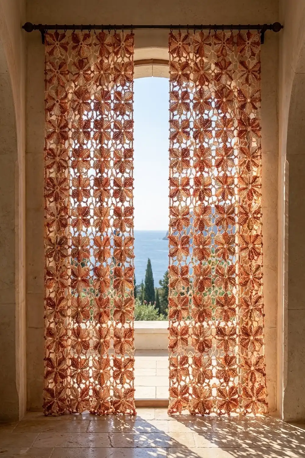 Rust-colored patterned curtains frame a Mediterranean seascape view with cypress trees and water visible beyond.