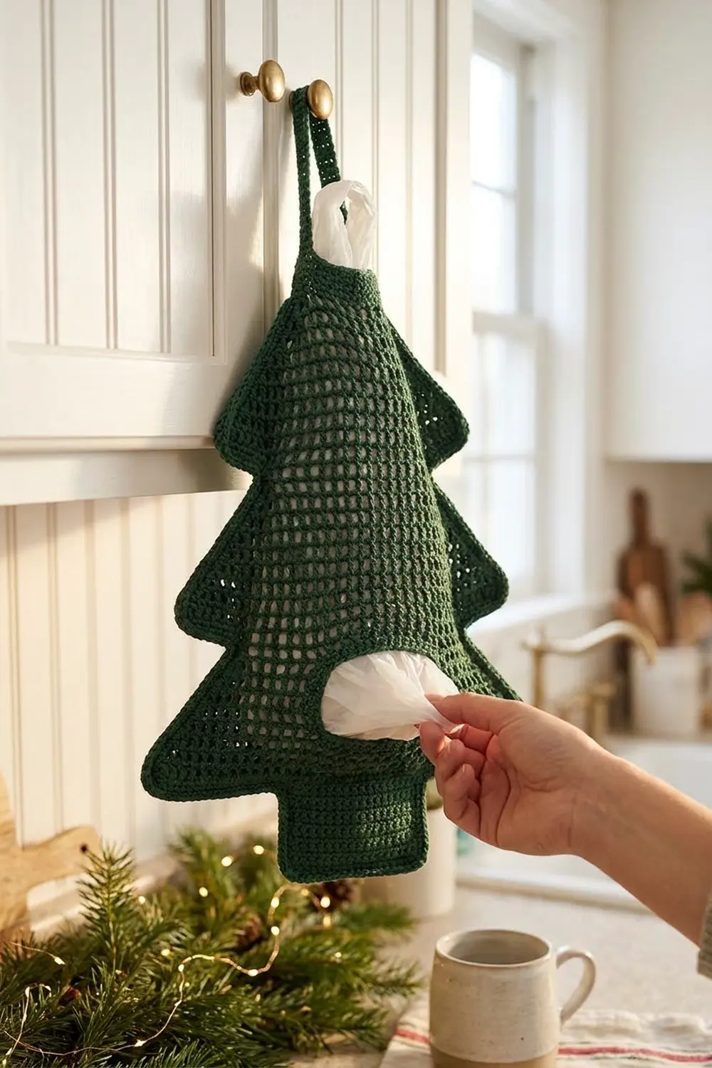 A hand pulls a tissue from a crocheted dark green Christmas tree-shaped tissue holder hanging on a white door.