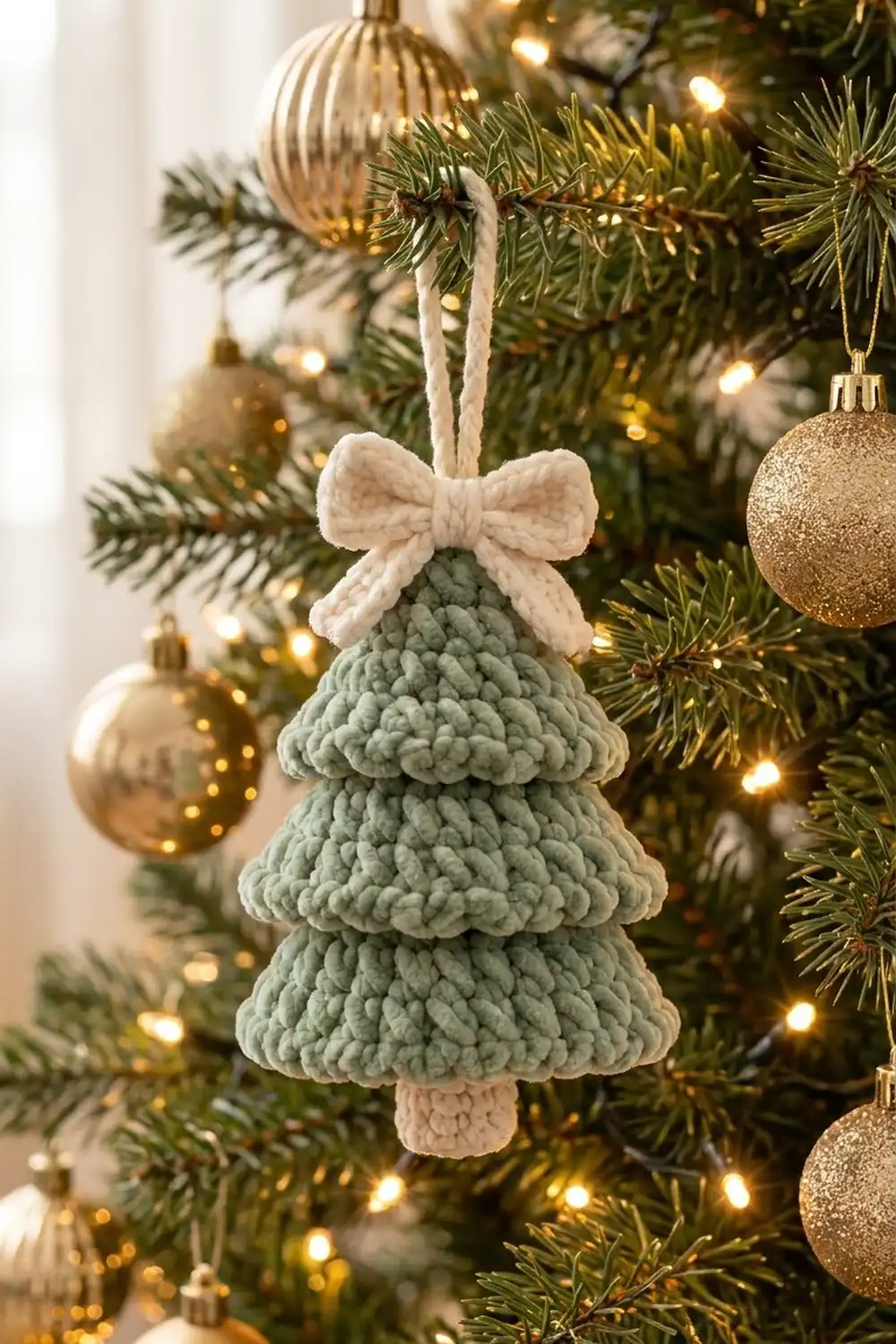 A sage green knitted Christmas tree ornament with cream bow hanging on an evergreen tree with gold baubles and lights.