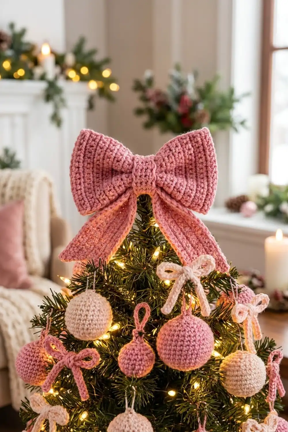 A small decorated Christmas tree with crocheted pink ornaments and a matching bow topper in a cozy home setting.