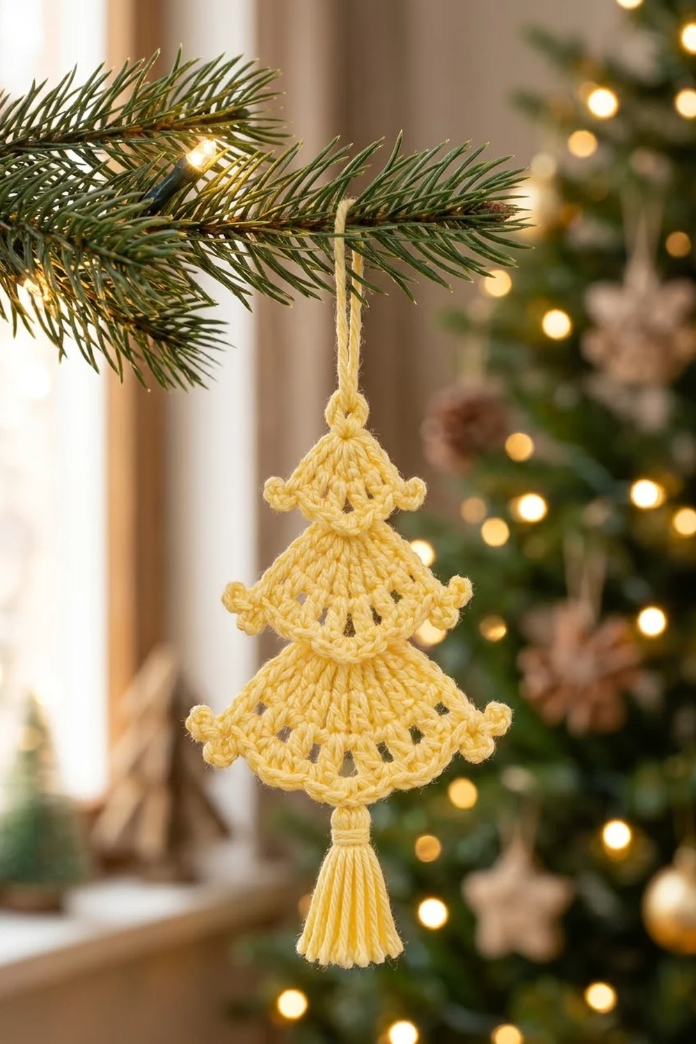 A yellow crocheted Christmas tree ornament hangs from an evergreen branch with warm white lights in the background.