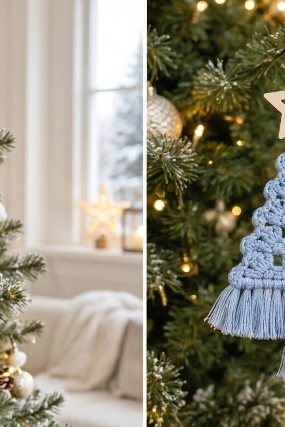 A blue crocheted gnome ornament hangs on a Christmas tree decorated with warm lights and gold baubles.