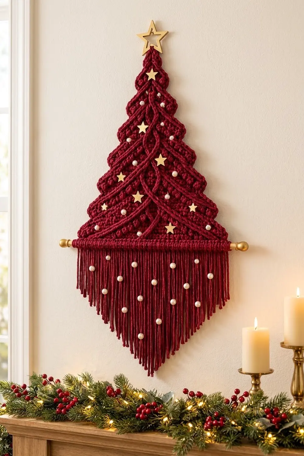 A burgundy macramé Christmas tree with gold stars and pearl beads hangs above a mantel with greenery and candles.