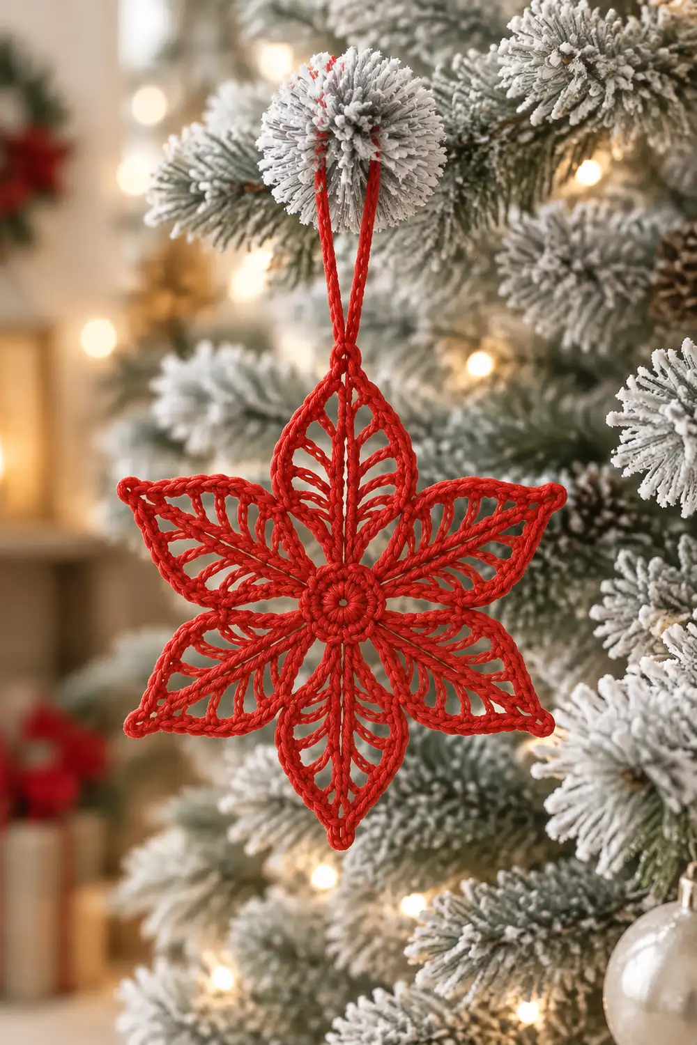 A red lace snowflake ornament hangs from a red ribbon on a frosted Christmas tree with warm lights.
