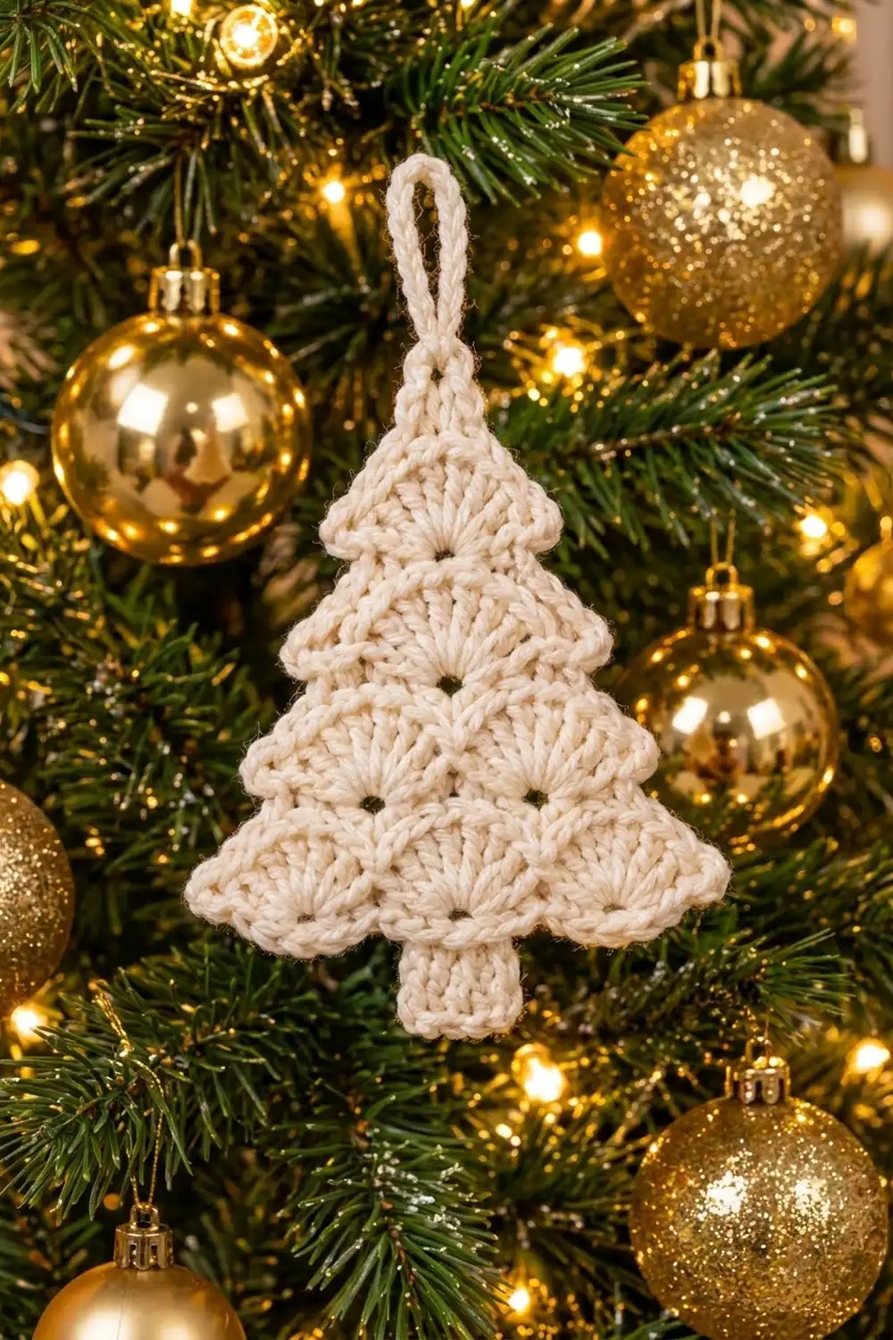 A cream crocheted Christmas tree ornament hangs on an evergreen branch surrounded by gold baubles and warm lights.