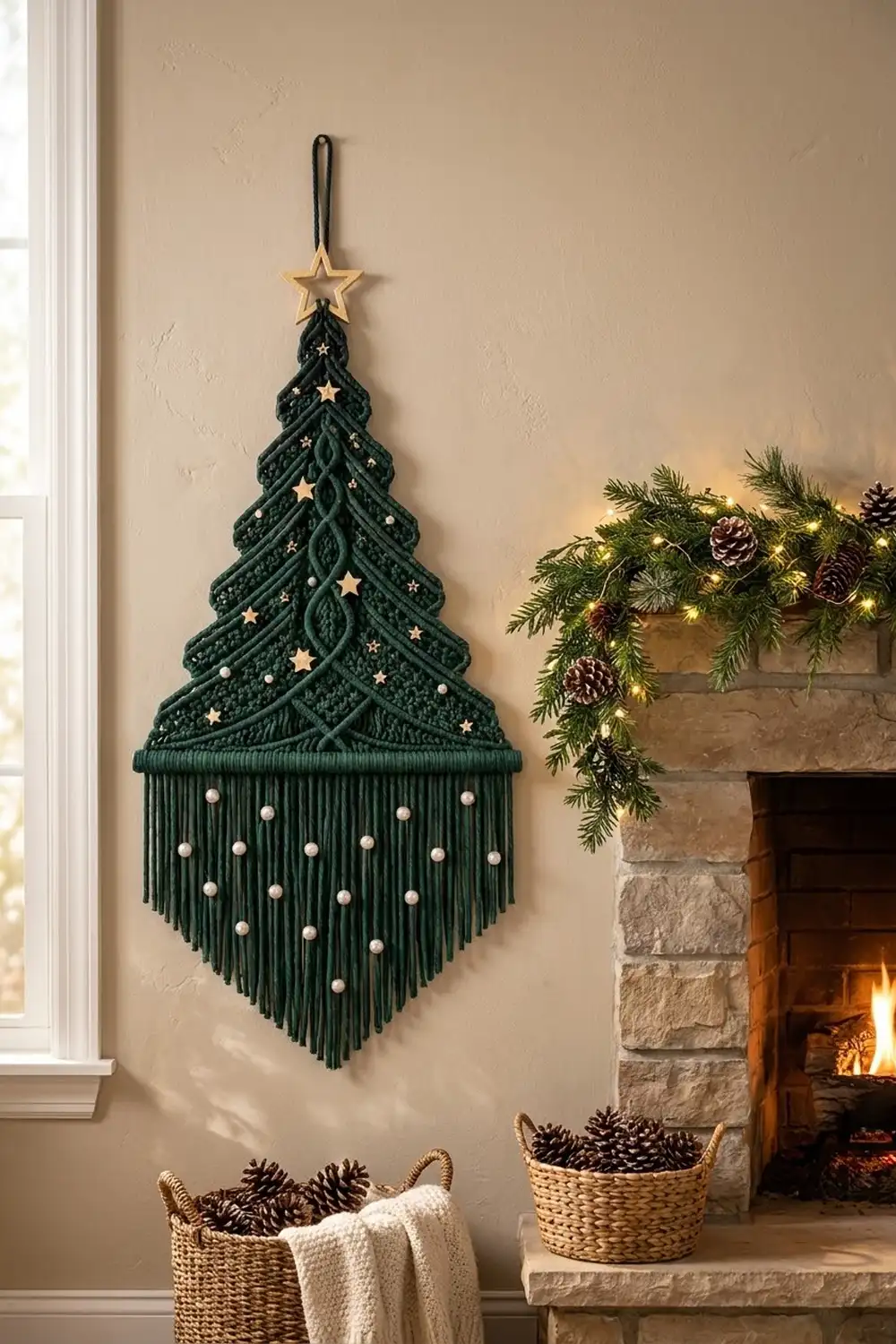 A dark green macramé Christmas tree with gold stars and pearl beads hangs on a beige wall beside a fireplace.
