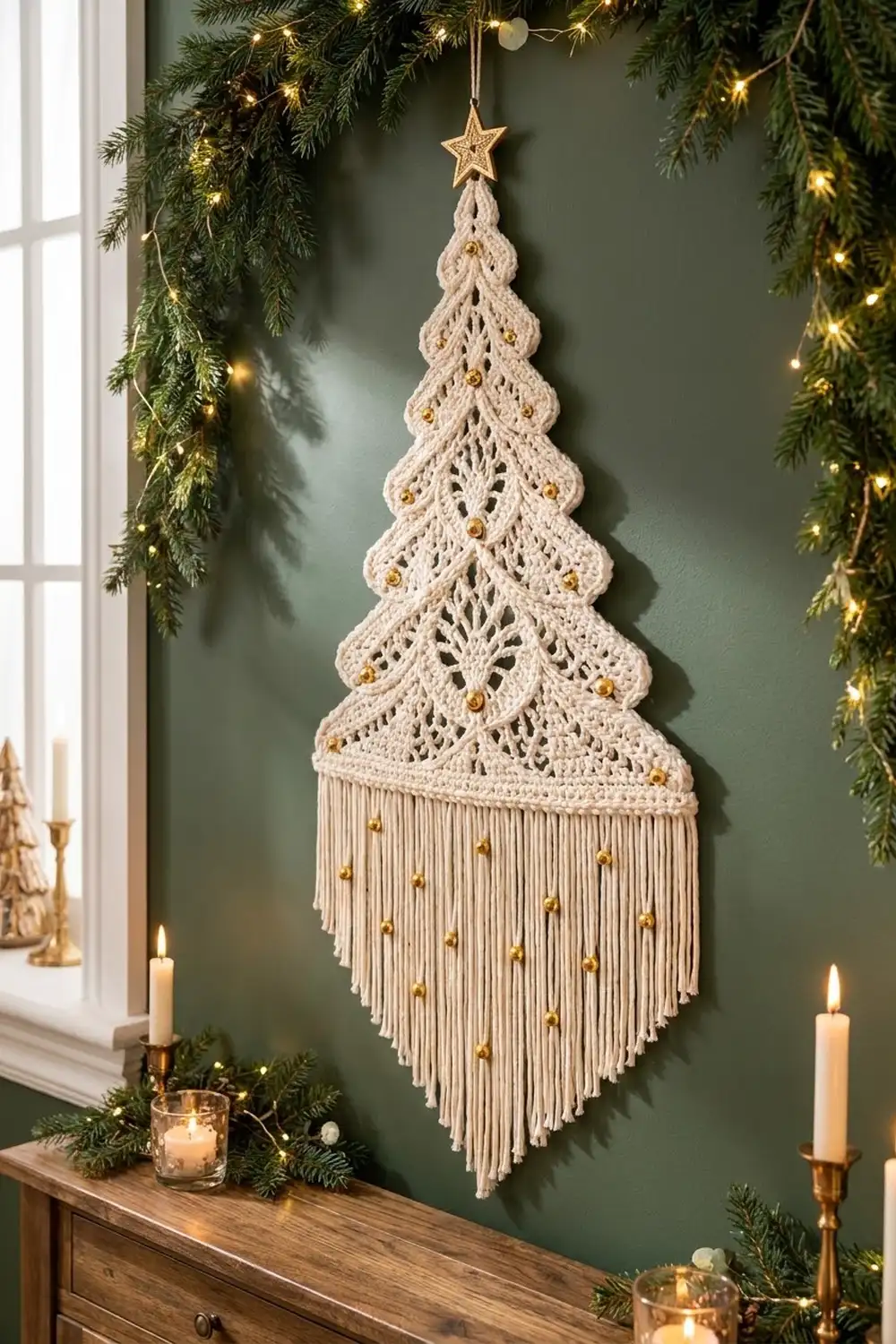 A cream crocheted tree ornament with gold beads and star topper hangs against a green wall surrounded by garland.