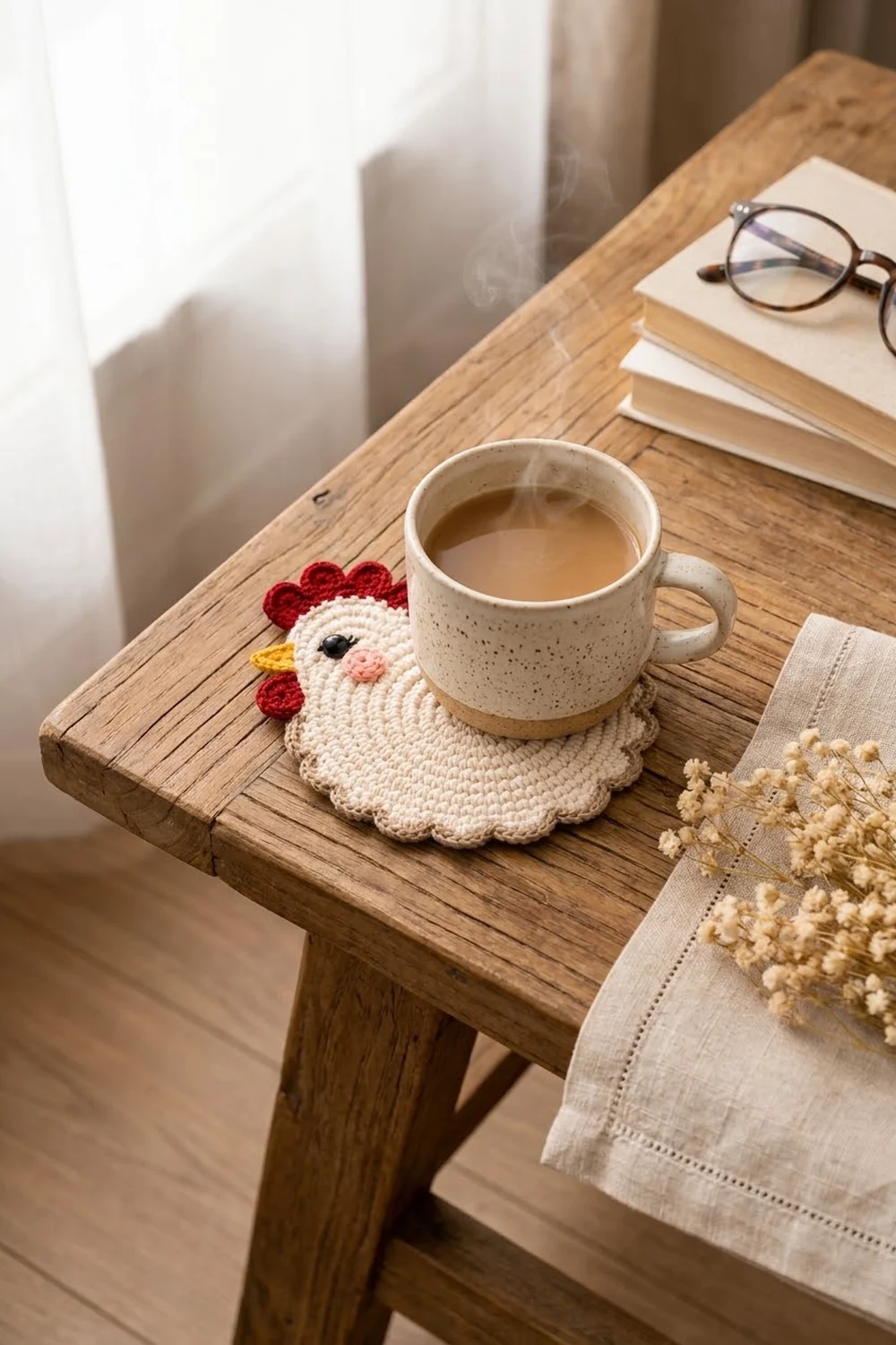 A crocheted rooster coaster in cream with red details holds a steaming mug of coffee on a wooden table.