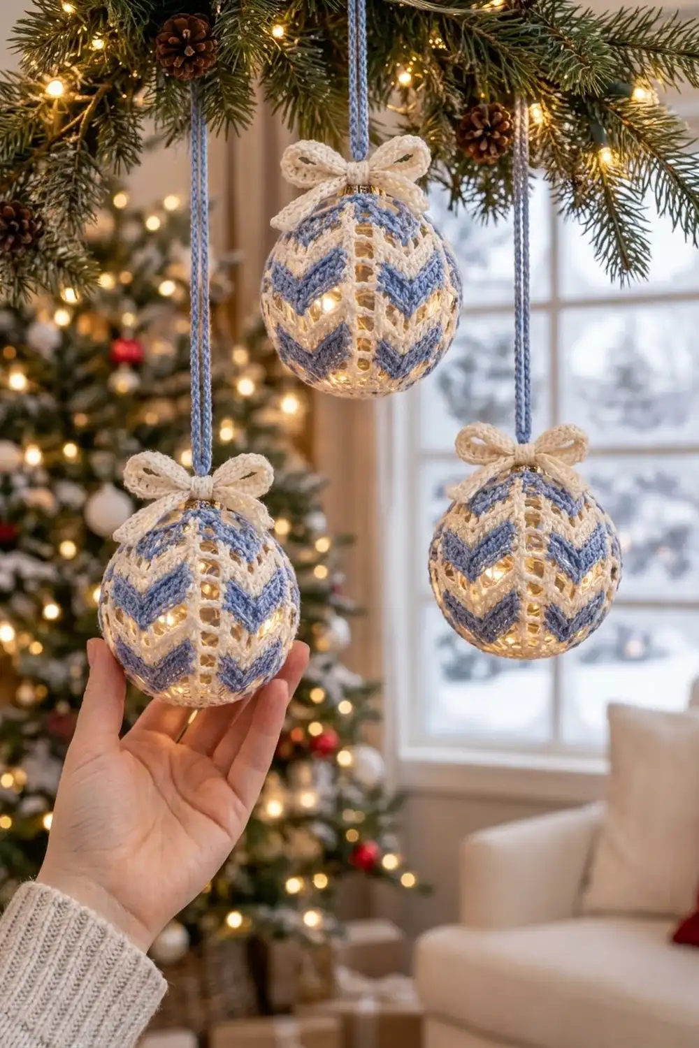 Hand holding a knitted blue and cream ornament with lights against a festive window display.