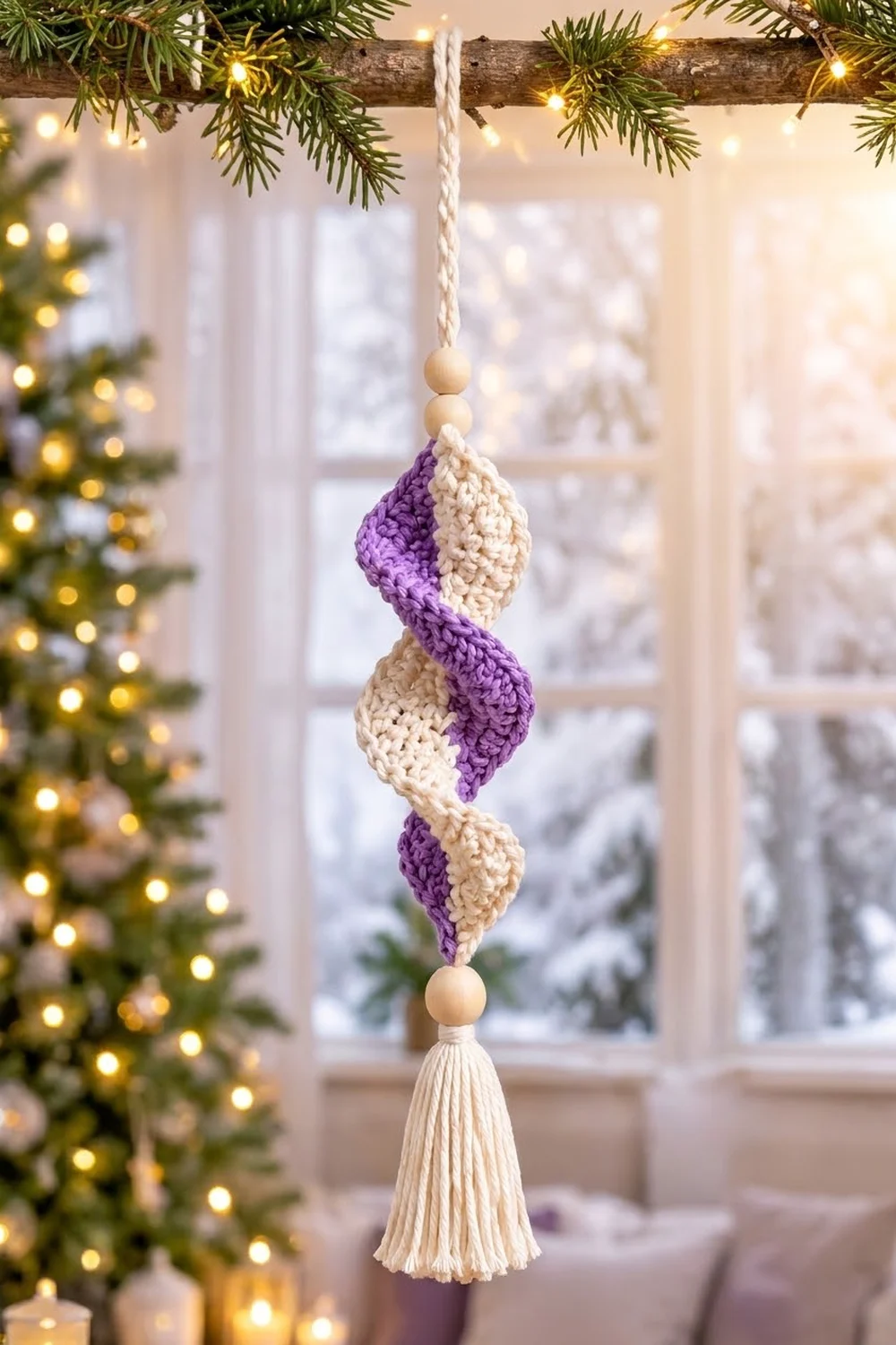 A crocheted purple and cream spiral ornament with wooden beads hangs from a rope in front of a snowy window.