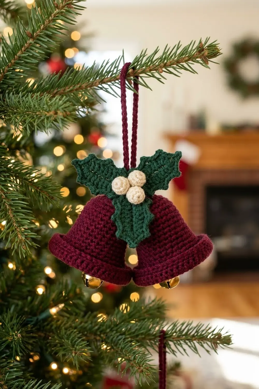 A burgundy crocheted bell ornament with green holly and cream berries hangs from a tree branch.