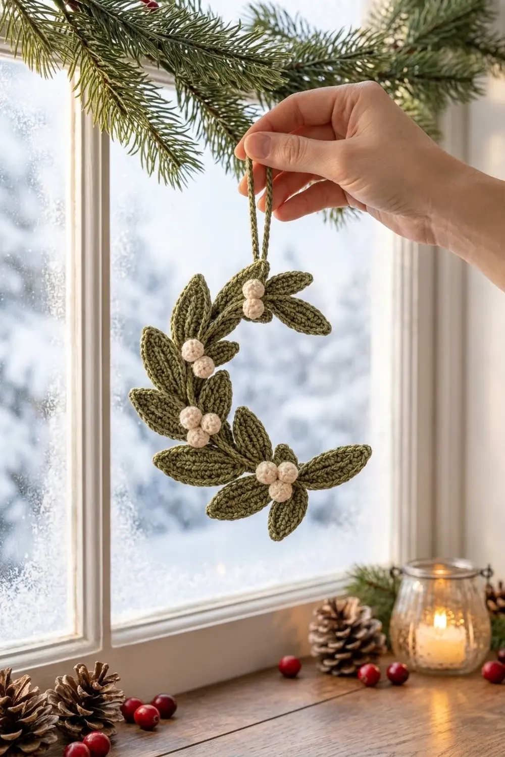 Hand holding a crocheted mistletoe ornament with green leaves and cream berries by a snowy window.