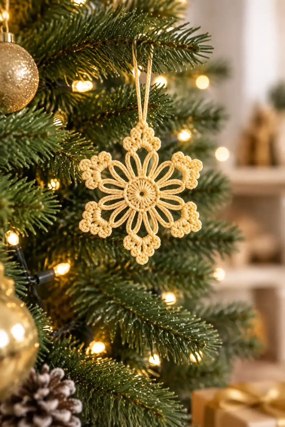 A cream-colored crocheted snowflake ornament hangs from twine on an evergreen tree with warm lights.