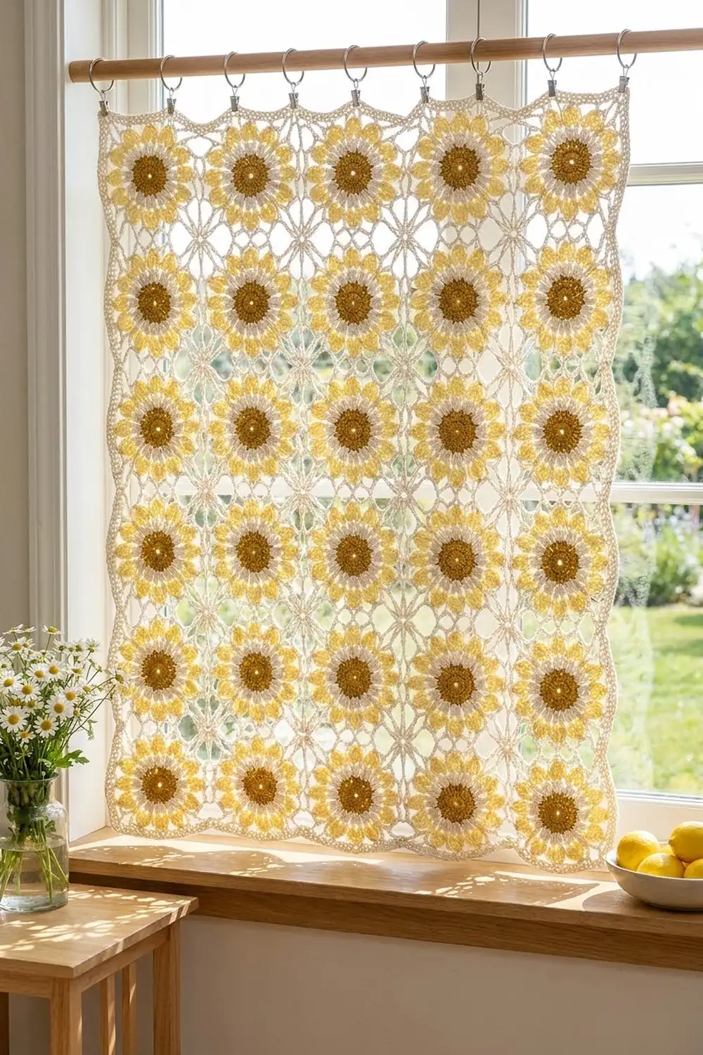 A crocheted sunflower curtain with yellow and brown flowers hangs in a bright kitchen window above a wooden sill.
