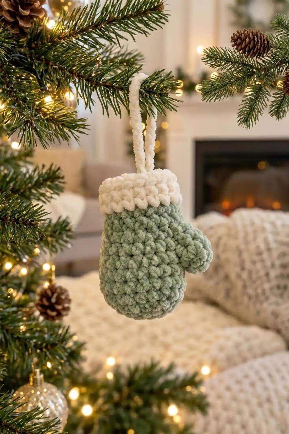 A sage green and cream crocheted mitten ornament hangs from an evergreen branch decorated with warm white lights.