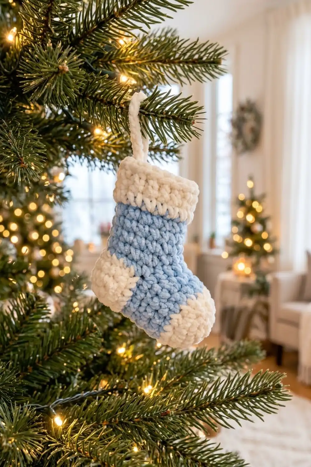 A small knitted stocking ornament in blue and white hangs from an evergreen branch with warm lights.