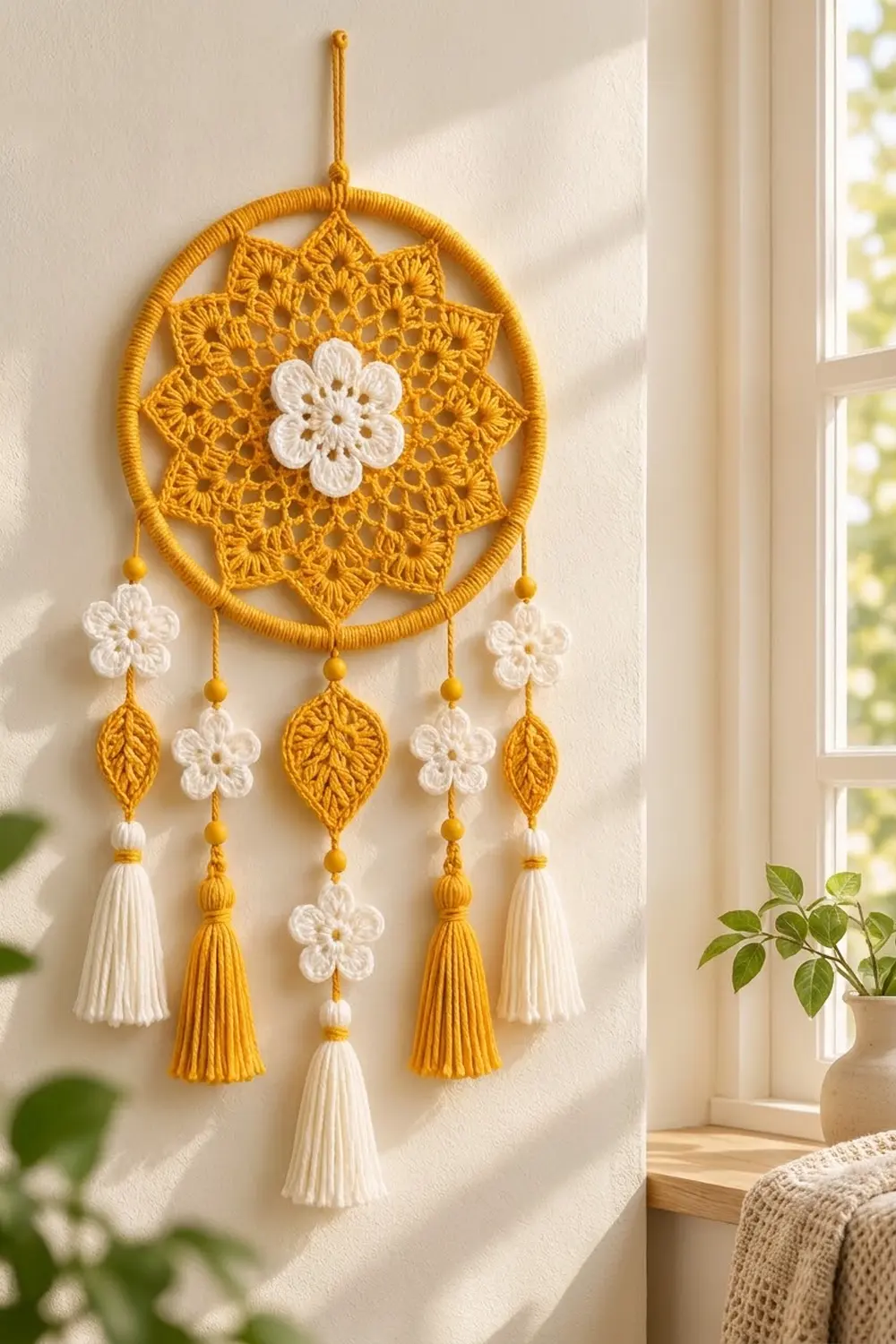 A golden crocheted dream catcher with white flower accents and tassels hangs on a cream wall beside a sunlit window.