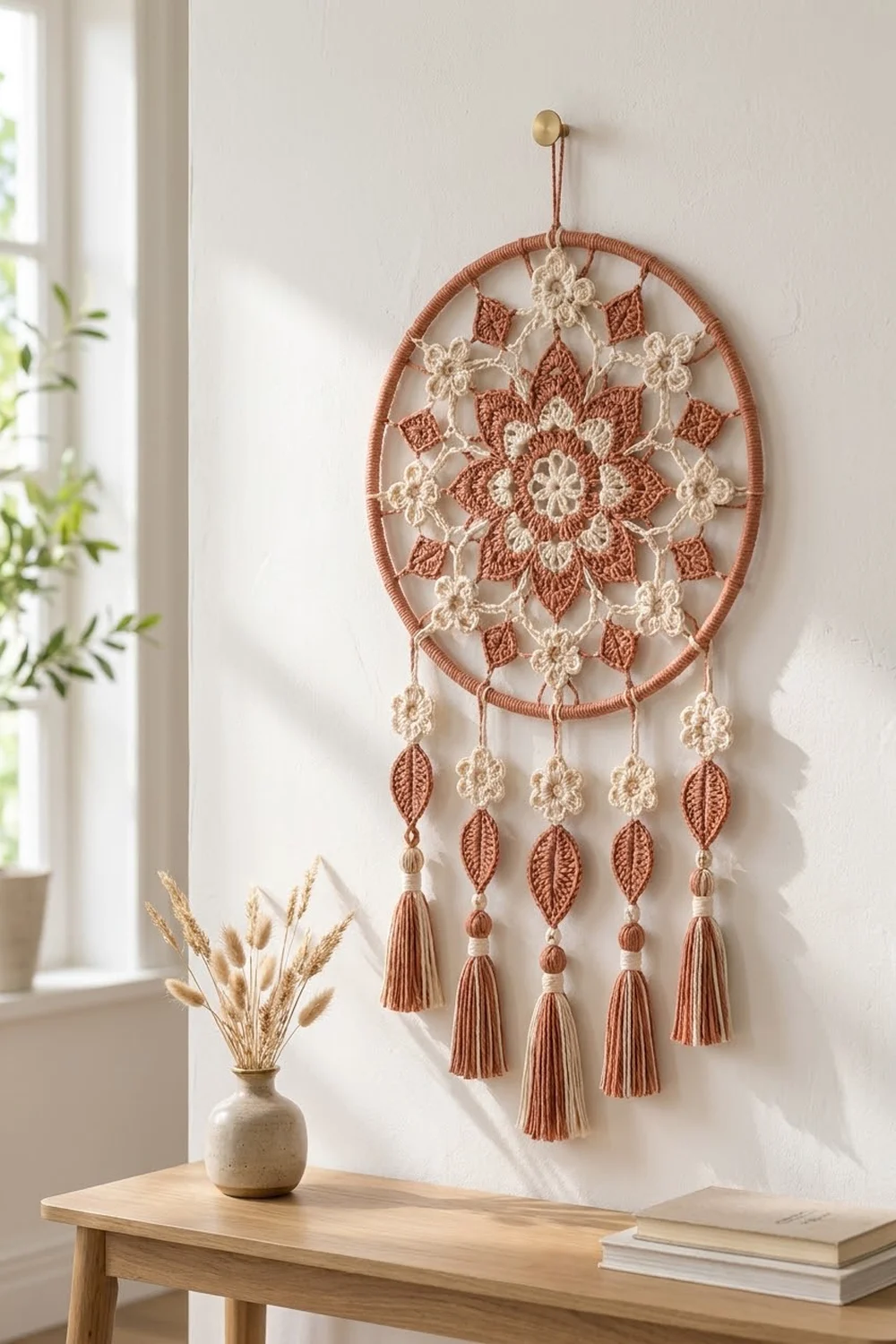 A terracotta and cream crochet dreamcatcher hangs on a white wall above a wooden table with dried flowers.