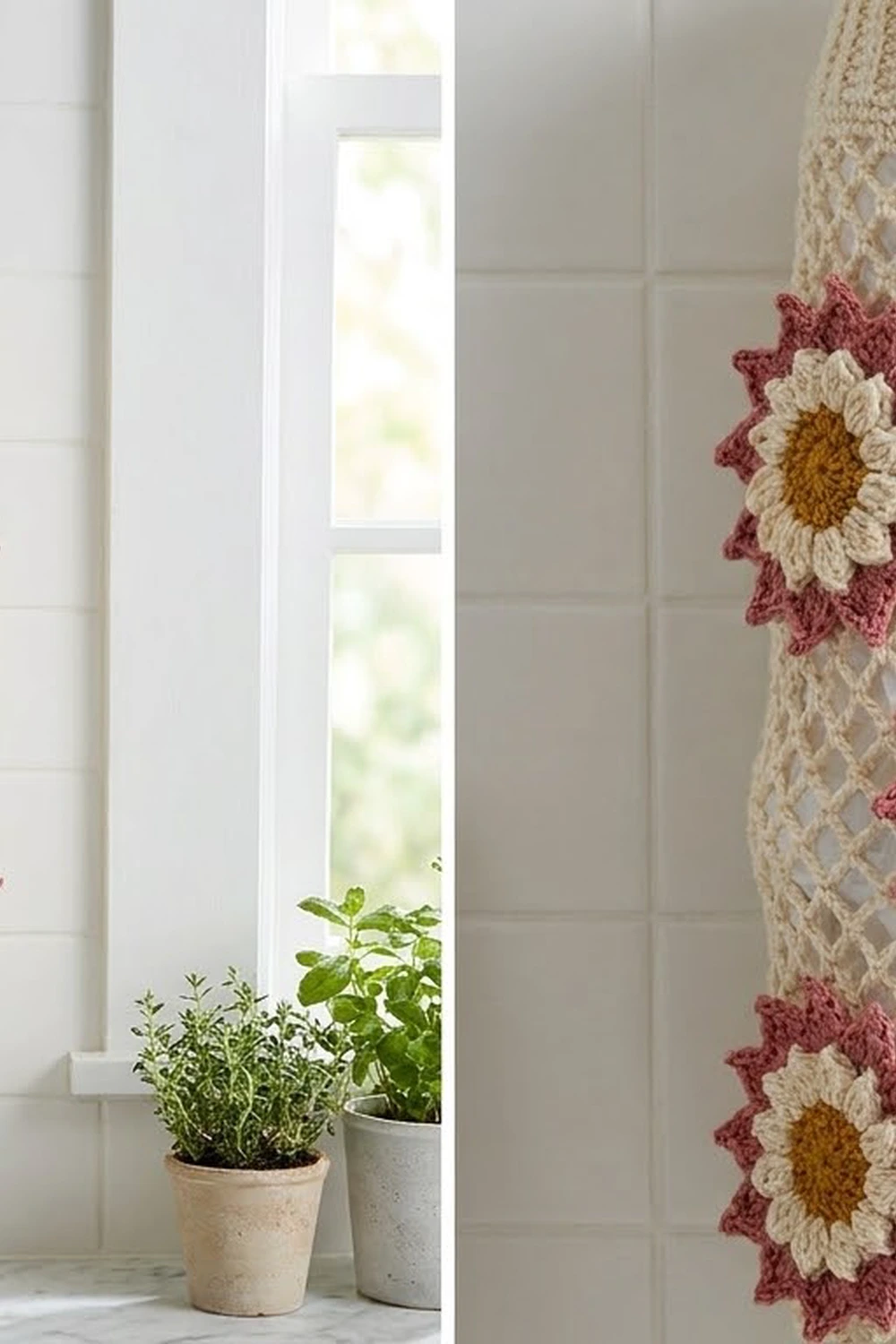 Crocheted flower wall hanging with cream, burgundy, and golden yellow petals displayed beside potted herbs on a windowsill.