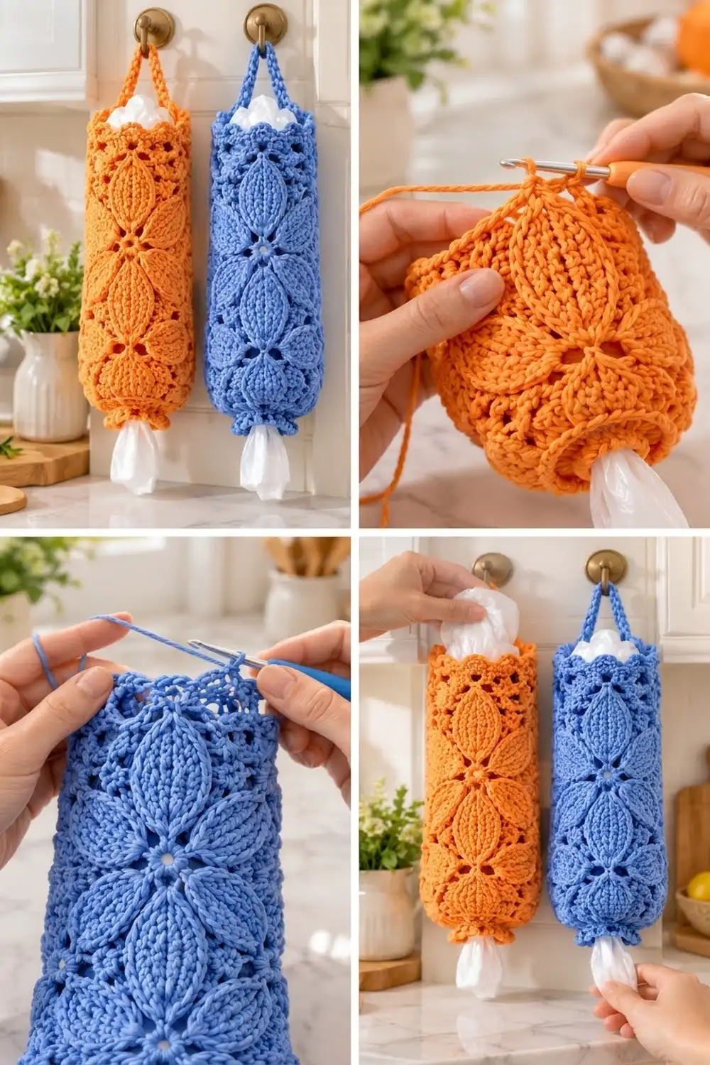 Crocheted tissue box holders in orange and blue hanging from brass hooks with white tissue inside.