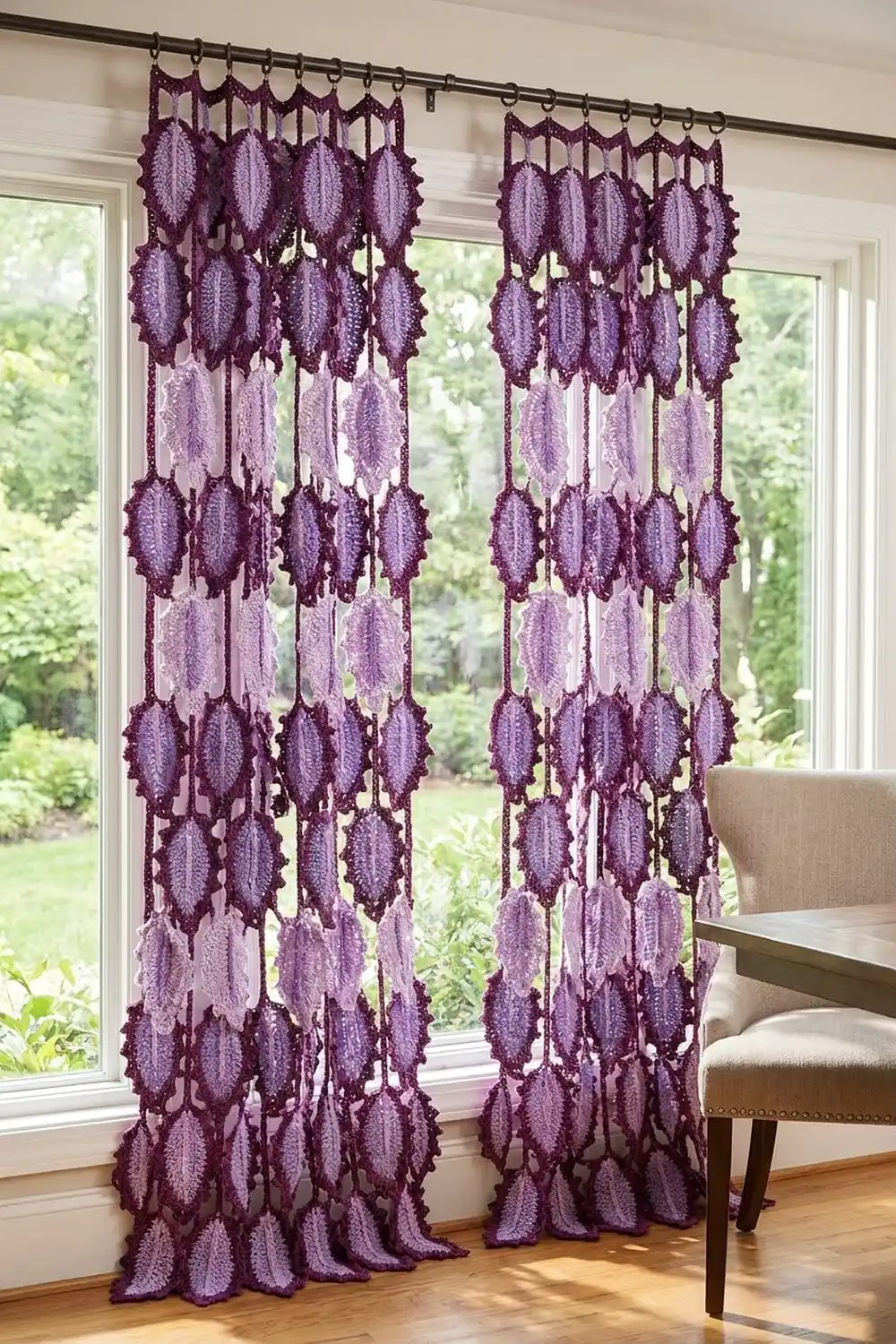 Two purple macramé curtain panels with leaf-shaped tassels hang from a rod in front of large windows overlooking a garden.