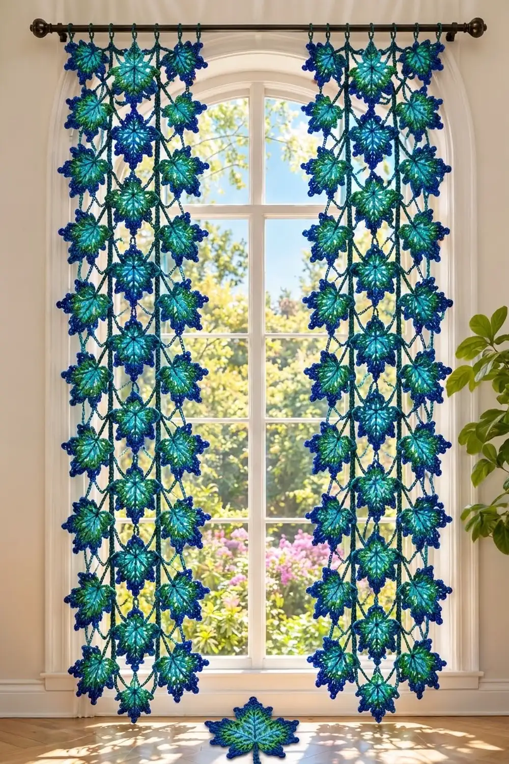 Crocheted blue and green leaf curtains hanging from a dark rod frame a bright arched window.