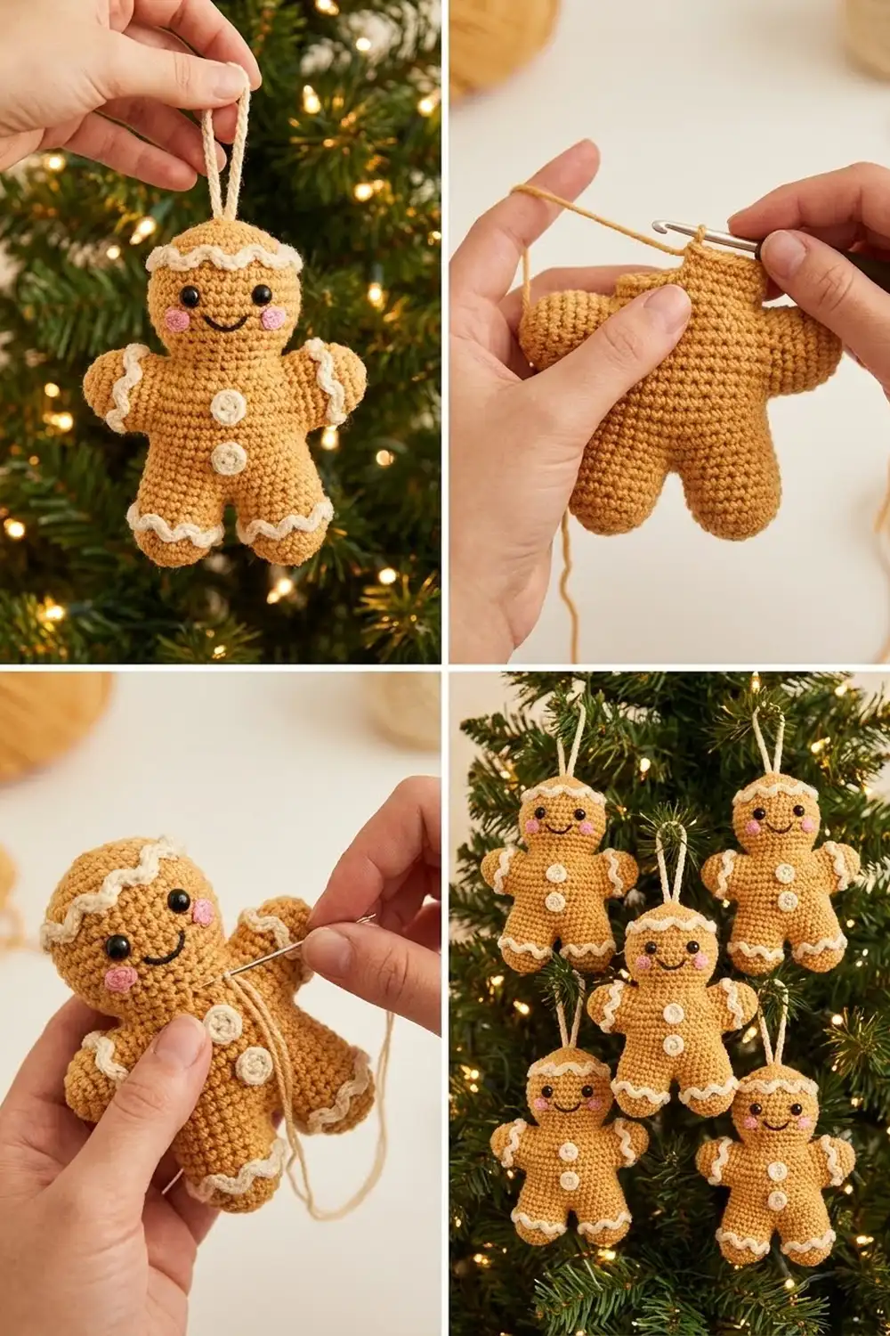 Crocheted gingerbread man ornaments with white icing details hanging on a decorated Christmas tree with gold lights.
