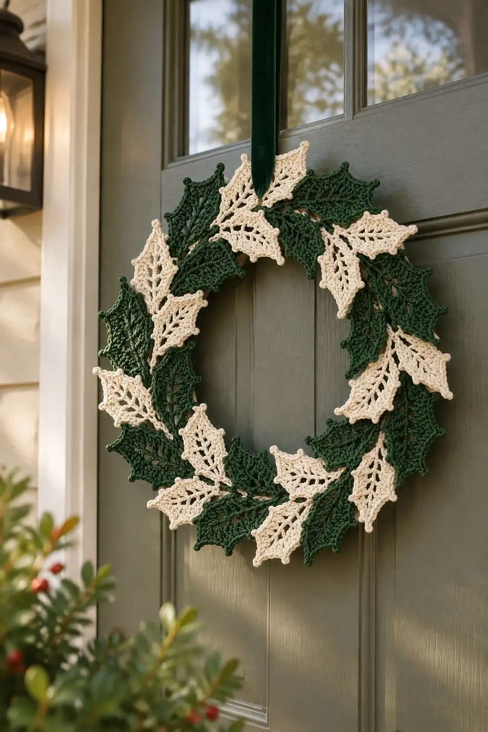 A crocheted wreath with alternating green and cream holly leaves hangs on a gray front door.