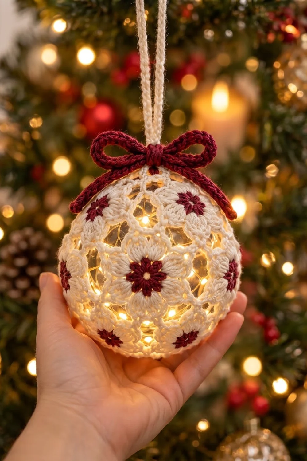 A crocheted egg ornament with cream and burgundy flowers glows with warm lights, held against a decorated Christmas tree.
