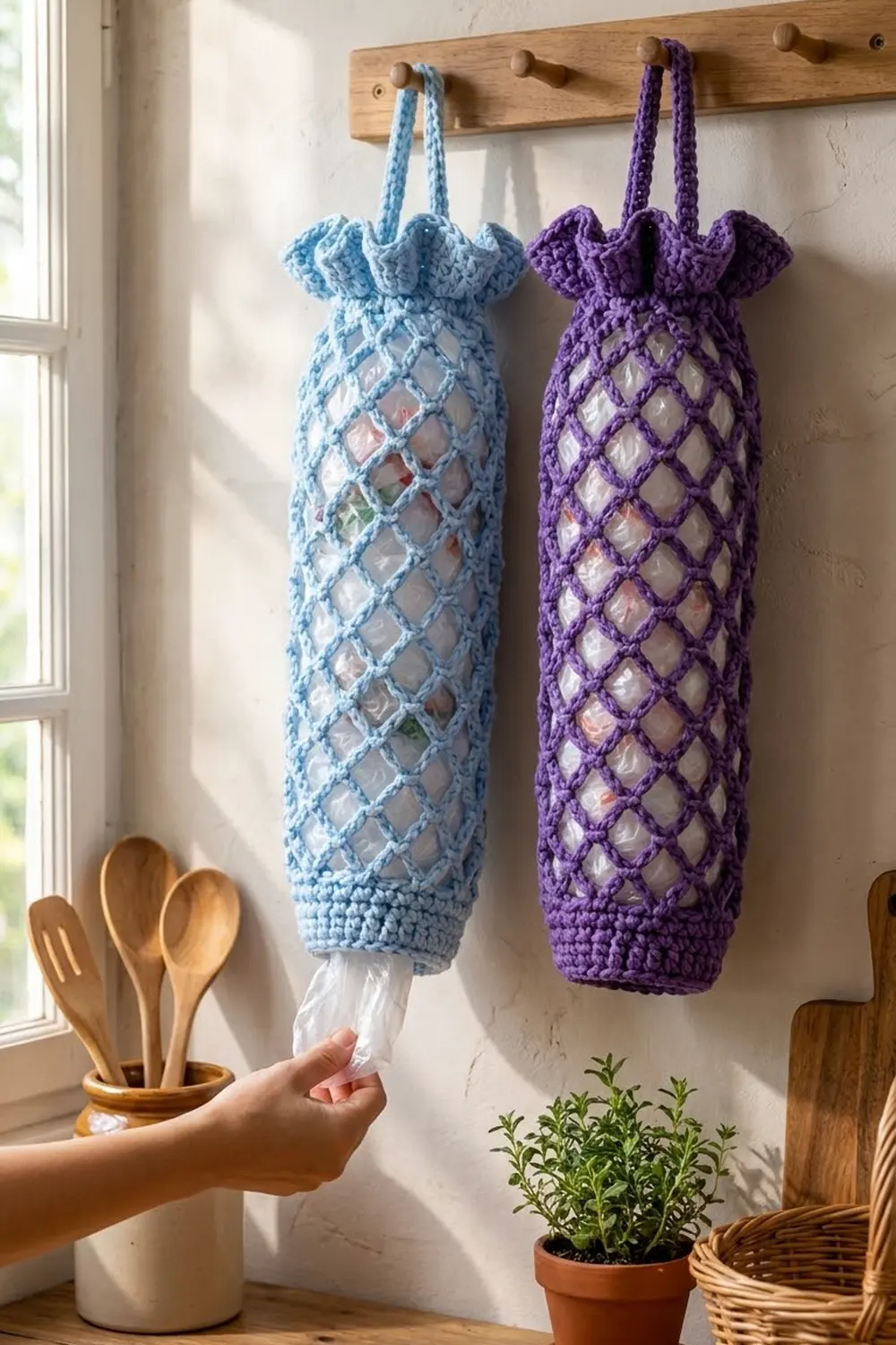 Two crocheted pineapple-shaped produce bags in blue and purple hang from a wooden peg rack in a kitchen.