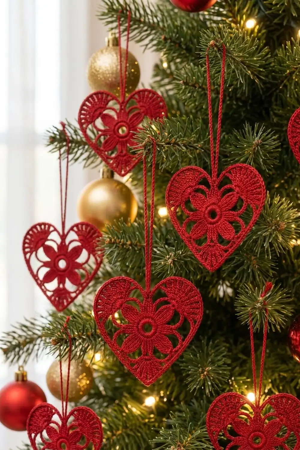 Red lace heart ornaments with flower centers hanging on a Christmas tree with gold baubles and lights.
