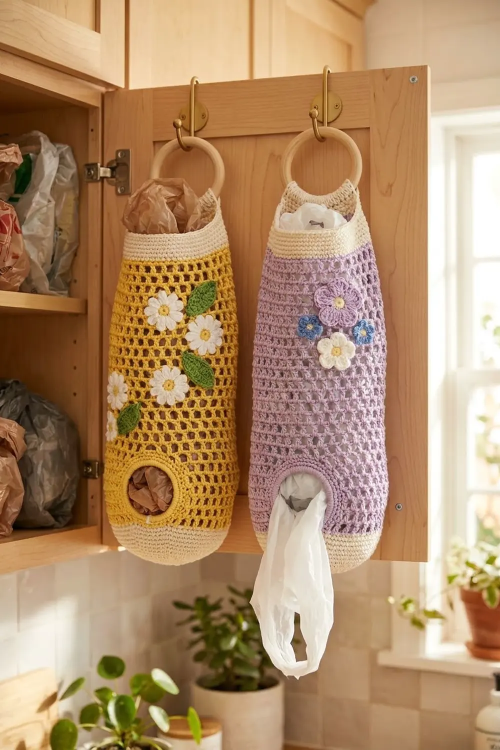 Two crocheted tissue holders with floral embellishments hang from wooden hooks on a cabinet door.