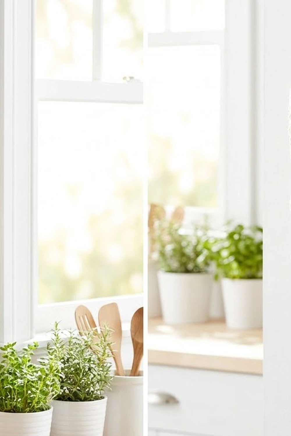 Potted fresh herbs in white containers sit on a bright kitchen windowsill with wooden utensils nearby.