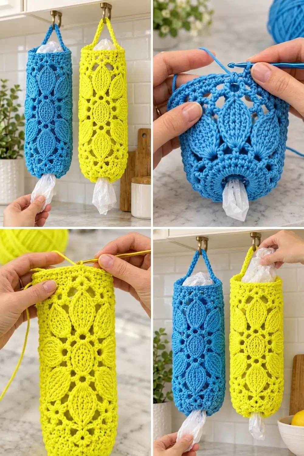 Crocheted tissue holders in blue and yellow with leaf patterns hanging from hooks displaying white tissues.
