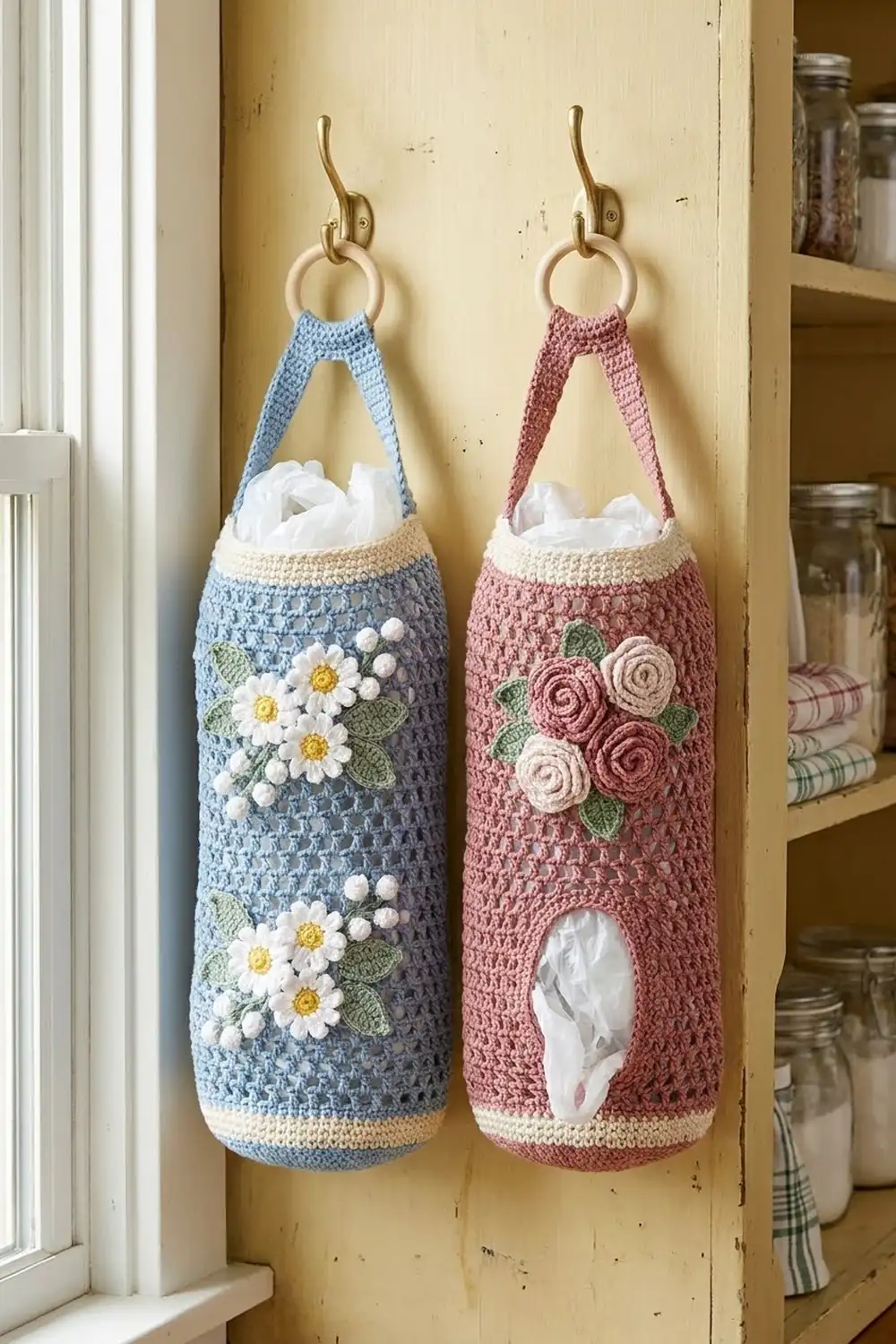 Two crocheted tissue holders in blue and mauve hang from brass hooks on a cream cabinet door beside a window.