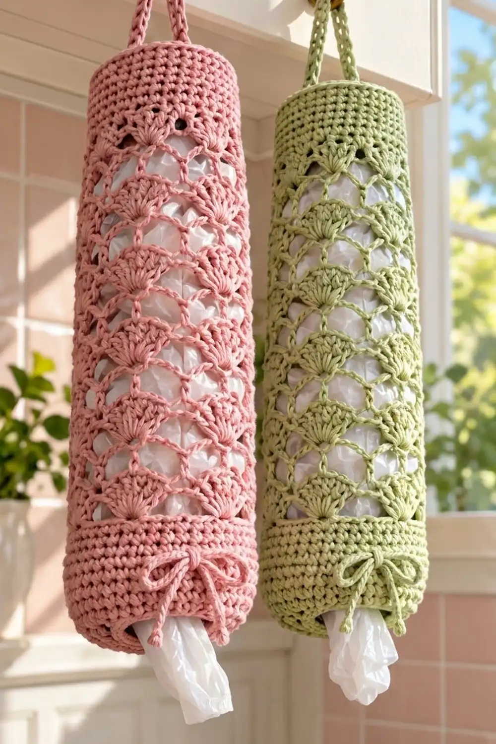 Two crocheted tissue holders in pink and sage green hang in a sunny window with white tissues peeking out.
