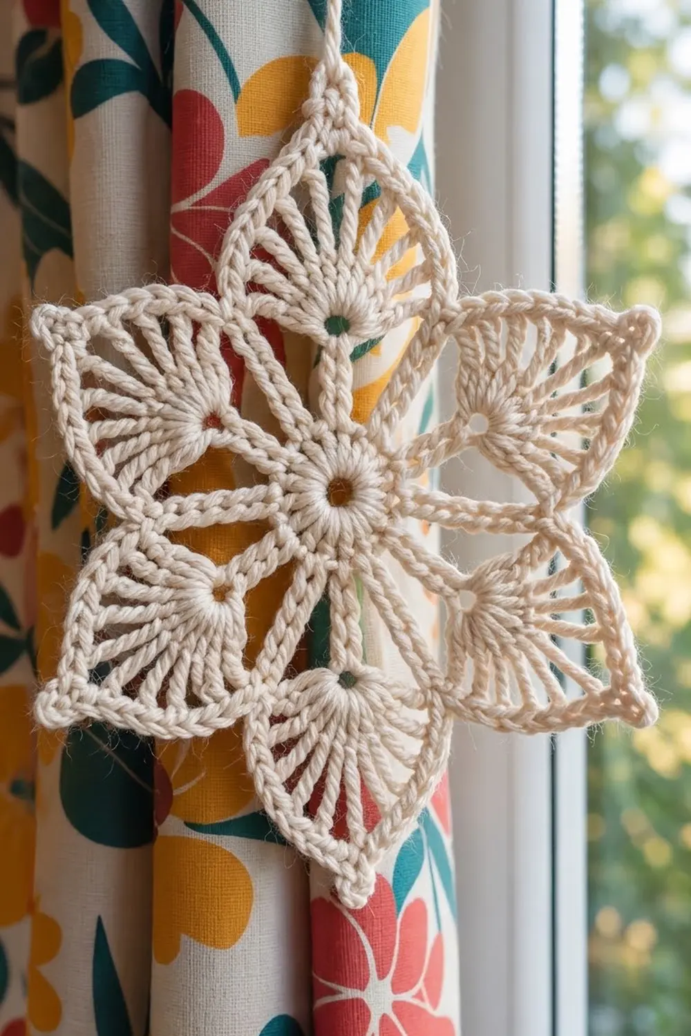 A cream macramé star ornament hangs from colorful floral curtains by a sunny window.