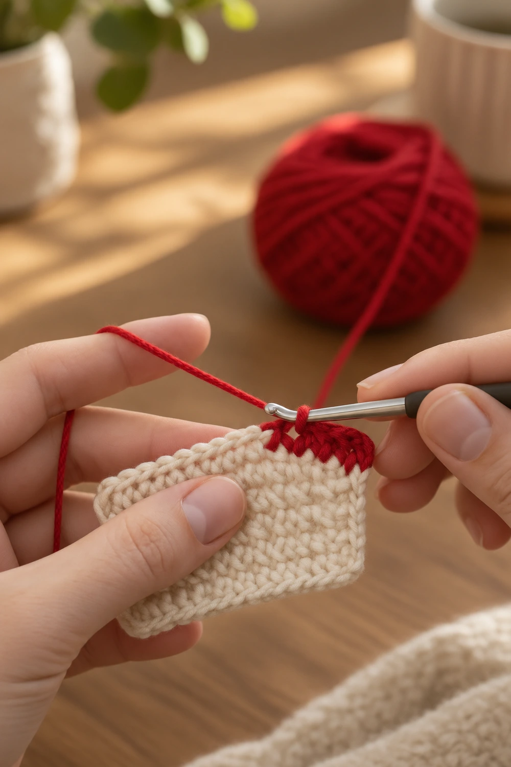 Hands crocheting cream-colored fabric with red yarn and hook on wooden table with potted plant.