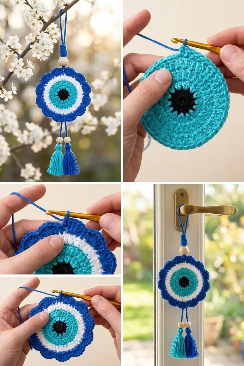 Crocheted evil eye charm in blue and turquoise with tassels, shown in progress and hanging on a door handle.