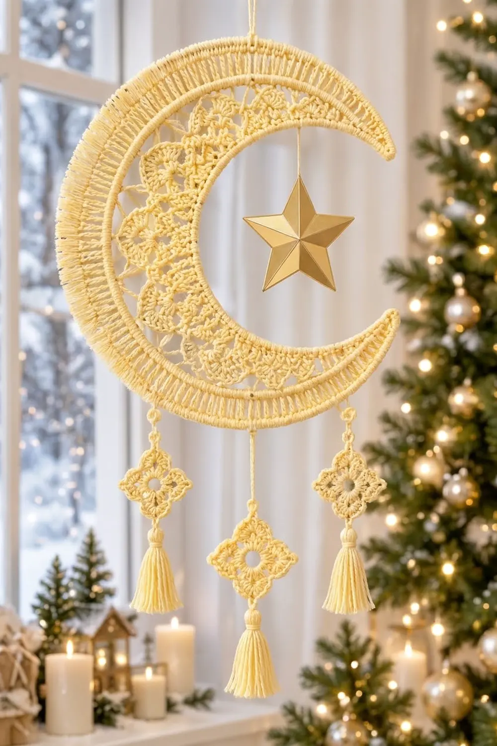A golden crocheted moon and star ornament hangs in a window with Christmas trees and candles below.