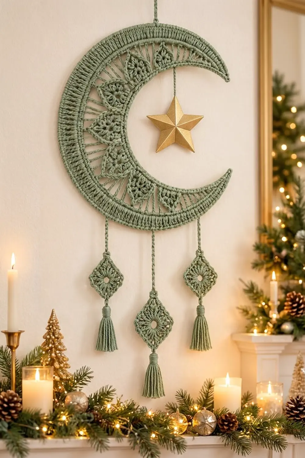 A sage green crocheted moon dreamcatcher with gold star hangs above a festive holiday mantel with candles and greenery.