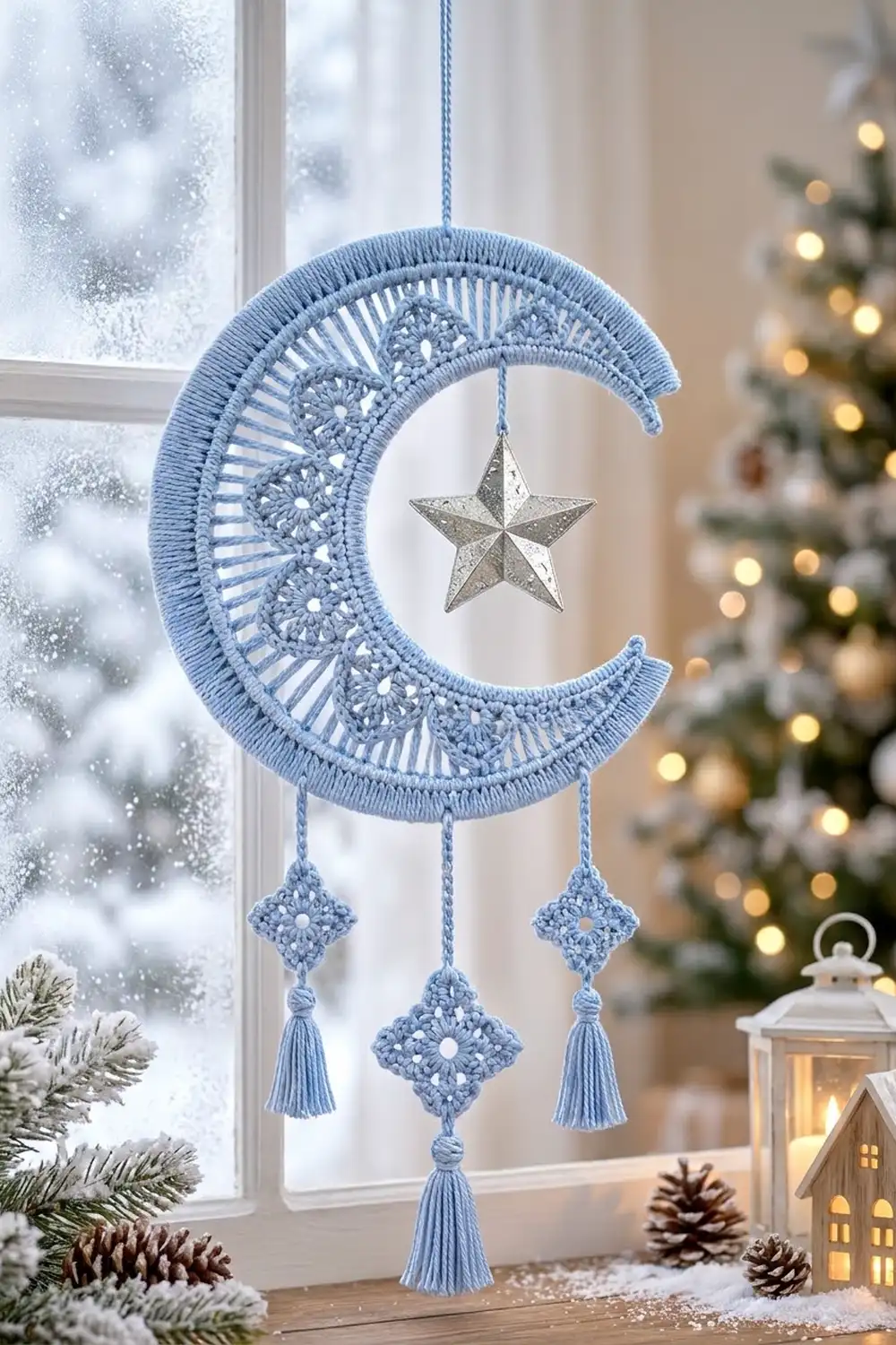 A blue crocheted moon ornament with star and dangling tassels hangs in a frosted window beside Christmas decorations.