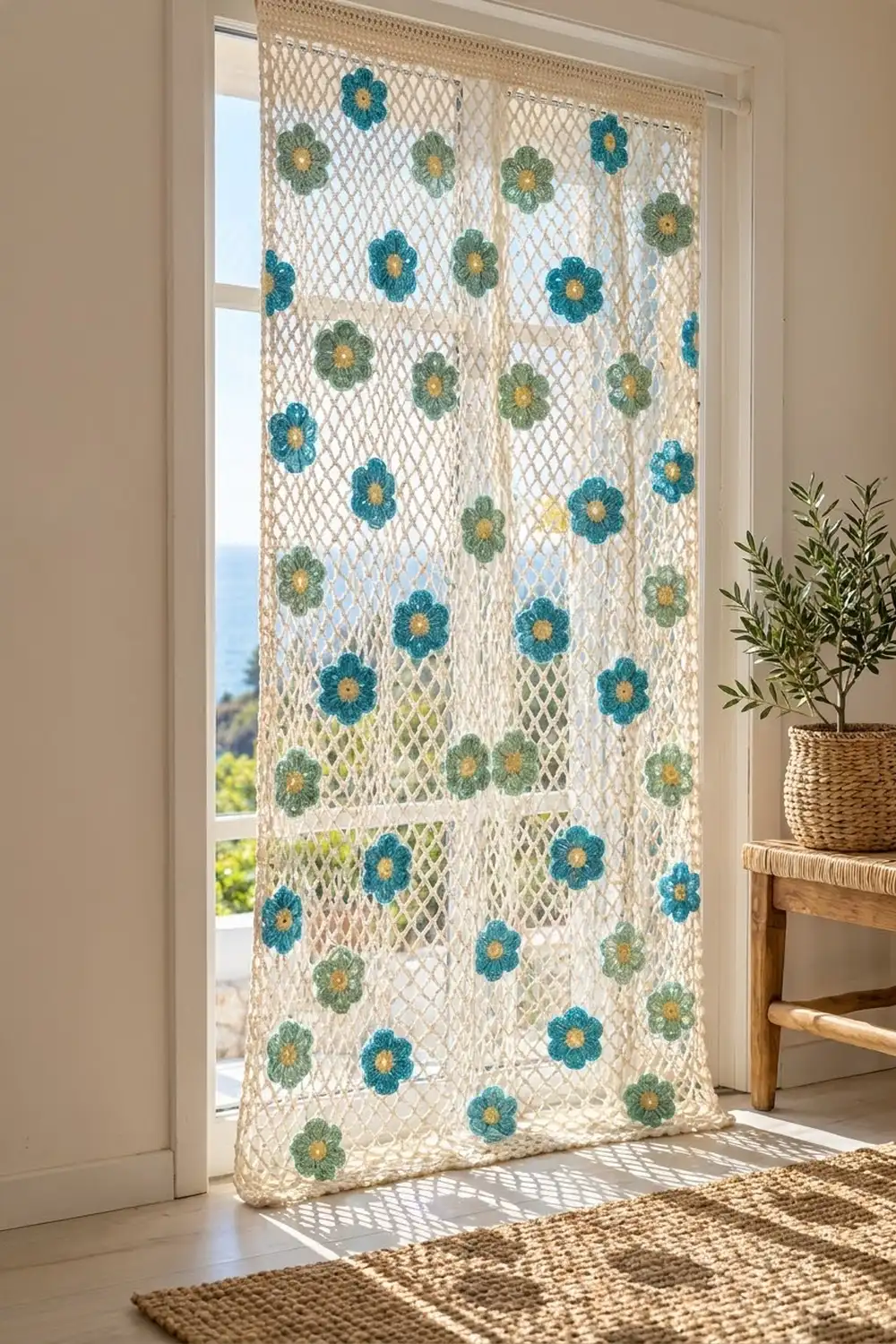 A cream crochet curtain with teal and sage green embroidered flowers hangs in a bright doorway next to a potted plant.