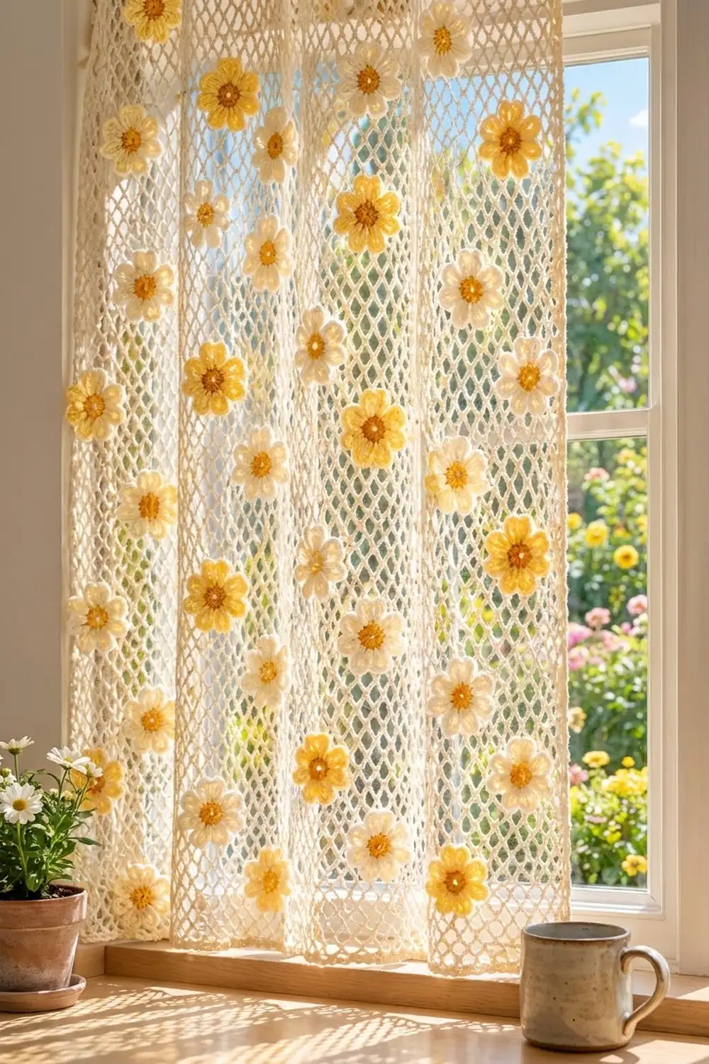 A cream crochet curtain with yellow pressed flowers hung in a sunny window beside potted plants and a ceramic mug.