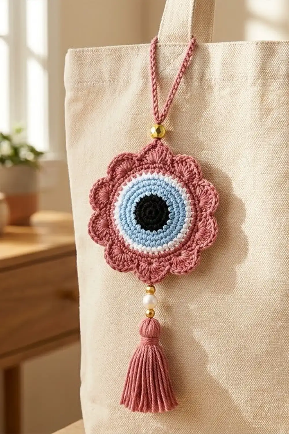 A crocheted evil eye charm in mauve, light blue, and black hangs from a cream linen tote bag in a sunlit room.