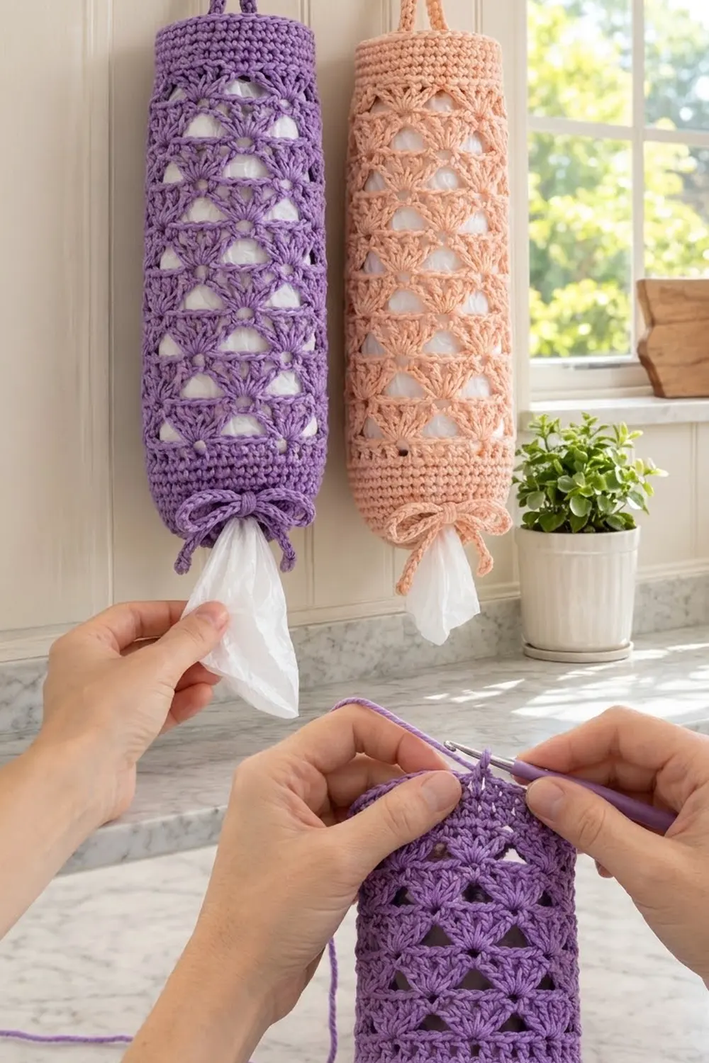 Two crocheted tissue box holders in purple and peach hang near a sunny window with a potted plant nearby.