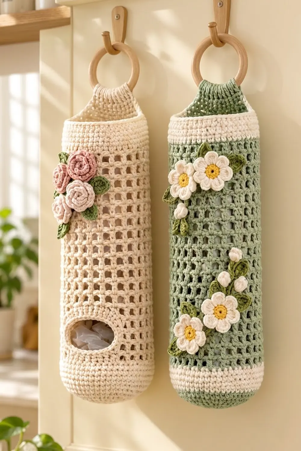 Two crocheted tissue holders with wooden rings hang on a cream wall, decorated with pink and white flowers.