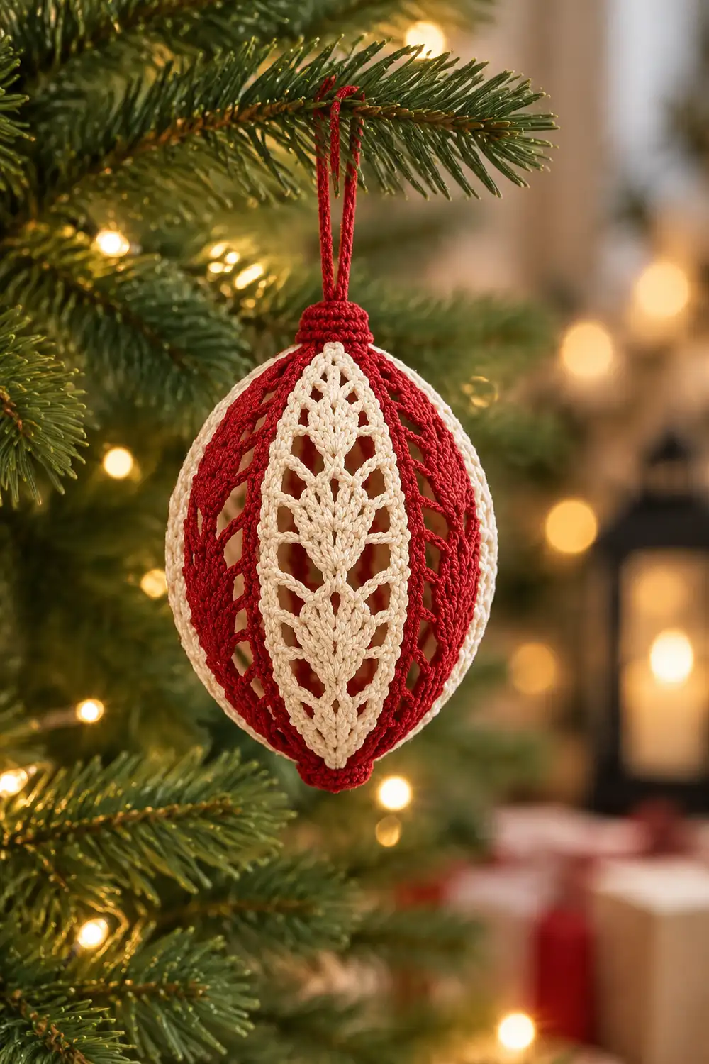 A red and cream crocheted egg ornament hangs from an evergreen branch with twinkling lights in the background.
